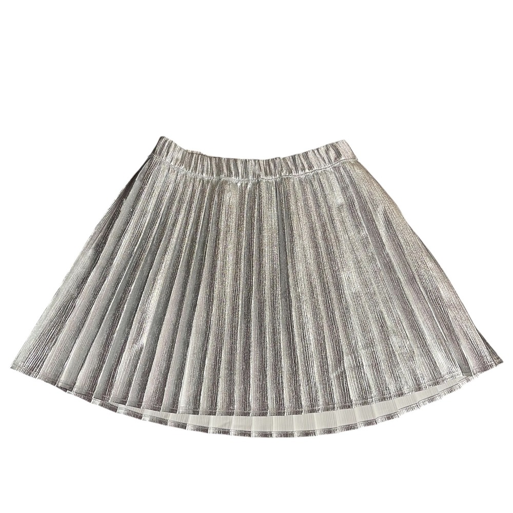 Owillo Kids Girls Silver Metallic Pleated Skirt Elastic Waist Size‎ M